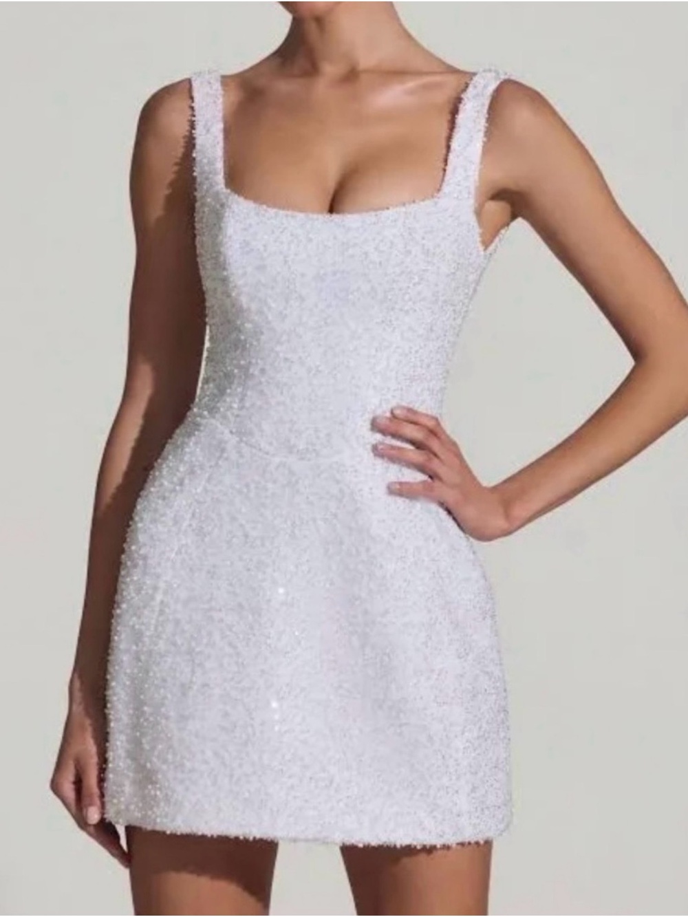 Oh Polly Ivory Sparkle Mini Dress with Square Neck